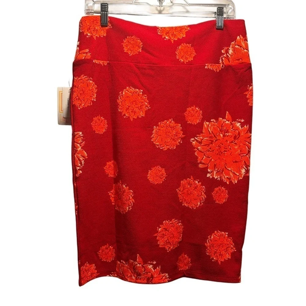 LulaRoe Cassie Pencil Skirt Stretchy High Wide Waist Band Large 14-16 Red Floral